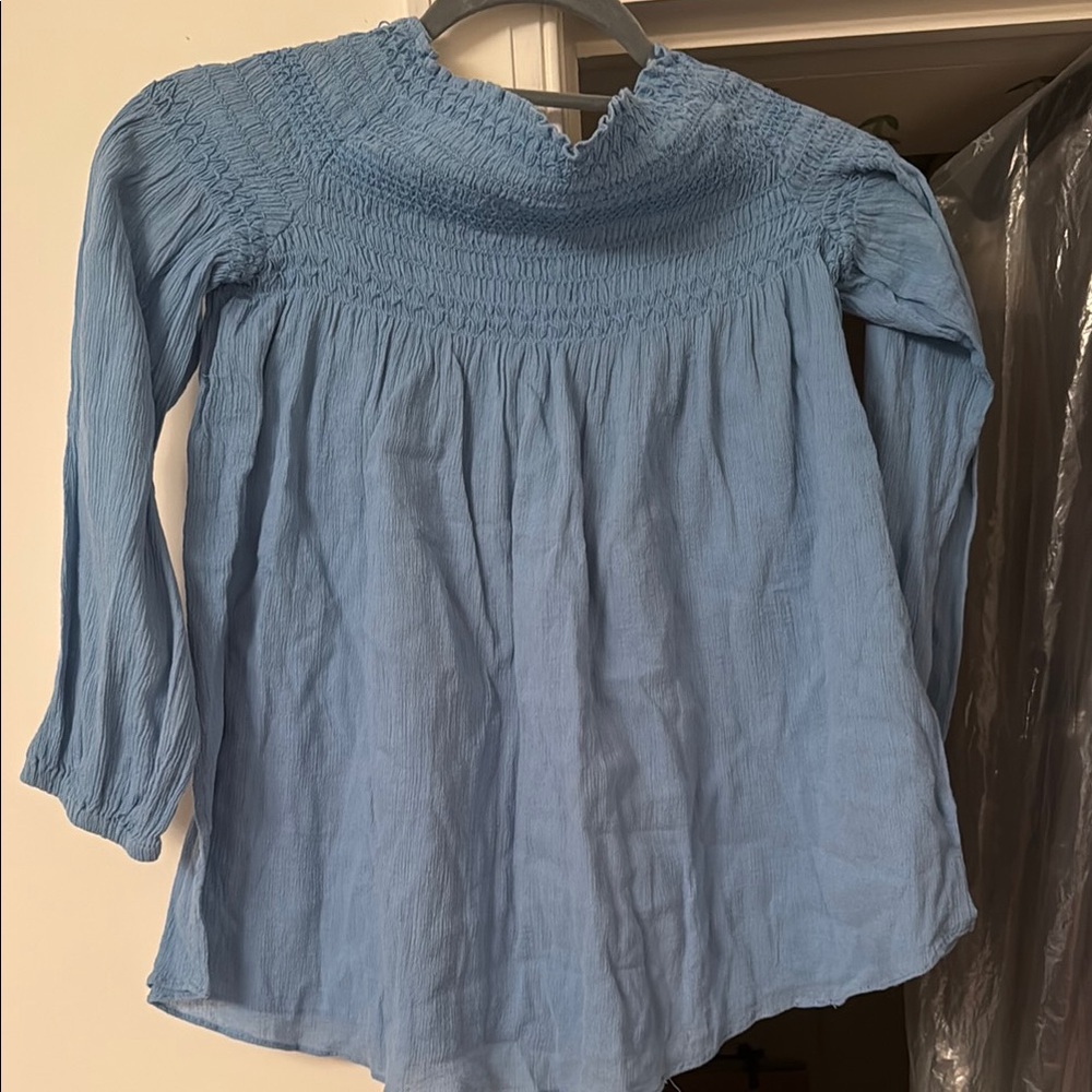 Blue Smocked Blouse with Bib Collar